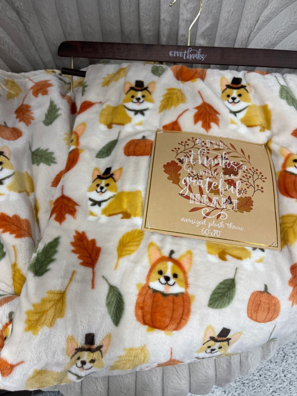 Autumn Corgi Dogs with Pumpkins & Fall Leaves Plush Throw Blanket NWT 60”x70